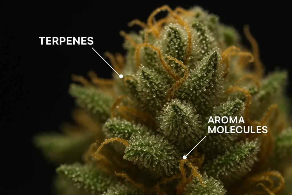 Terpenes visible on the cannabis plant, asking the question: what are terpenes