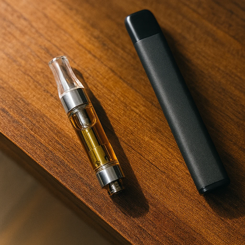 Photorealistic lifestyle scene of a cartridge and disposable vape on a wooden table, highlighting pros and cons of vape disposables.