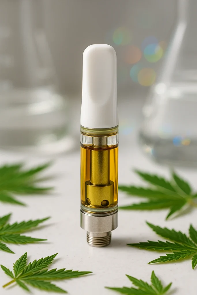 THC Vape Entourage Effect: How Cannabinoids and Terpenes Work Together 3 Photorealistic premium stock photo of a TERPLABZ vape cartridge with glowing golden oil.
